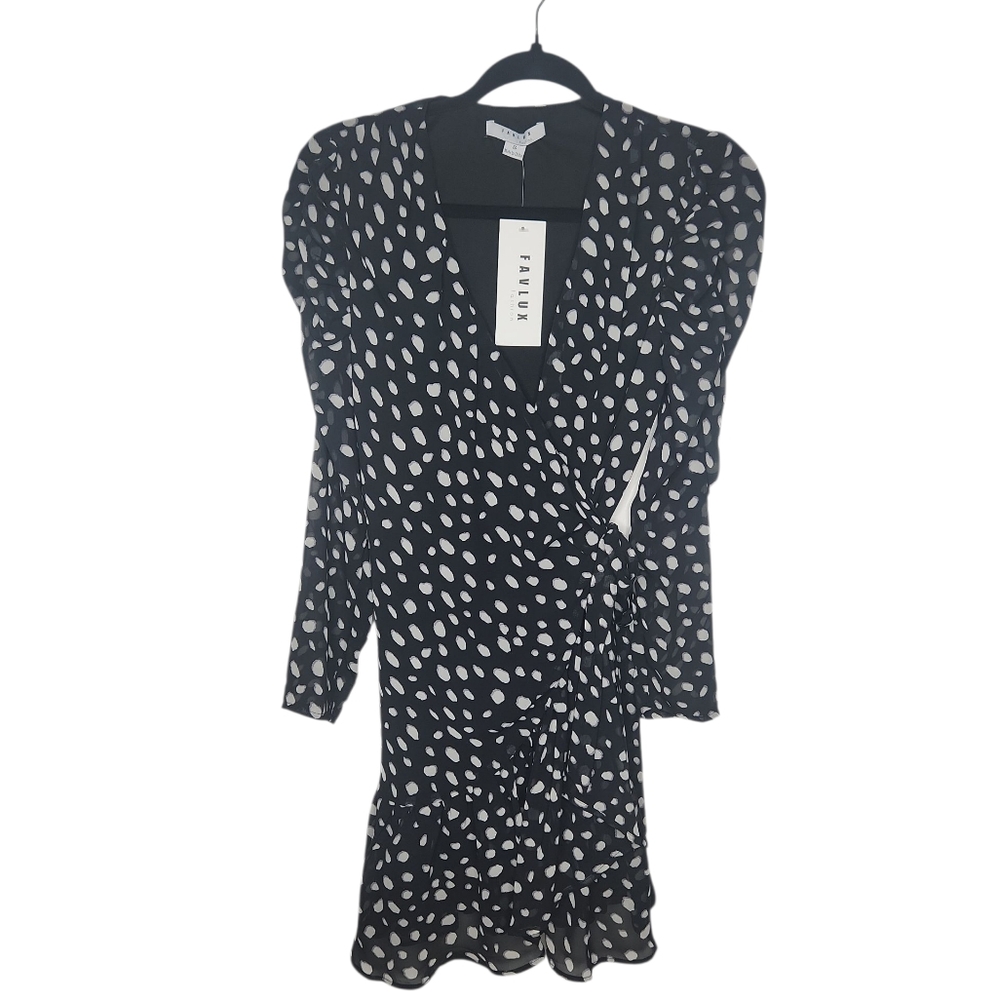 NWT Favlux Black/White Long Puff Sleeve Animal Print True Wrap Dress Size S
